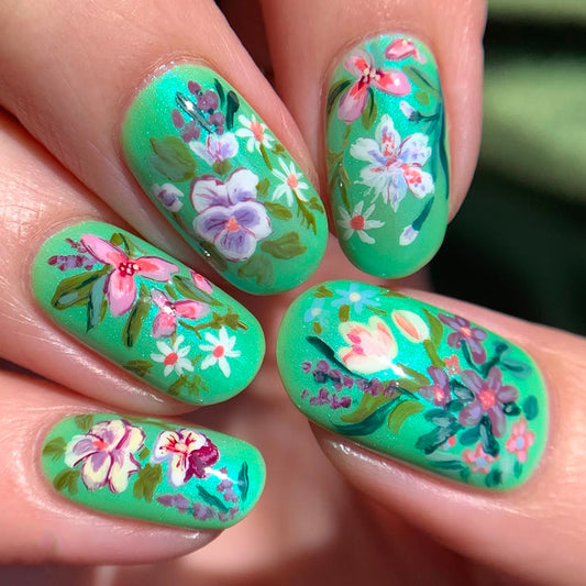 Tropical Blooming Short Round Green Floral Press On Nail Set with Glossy Finish