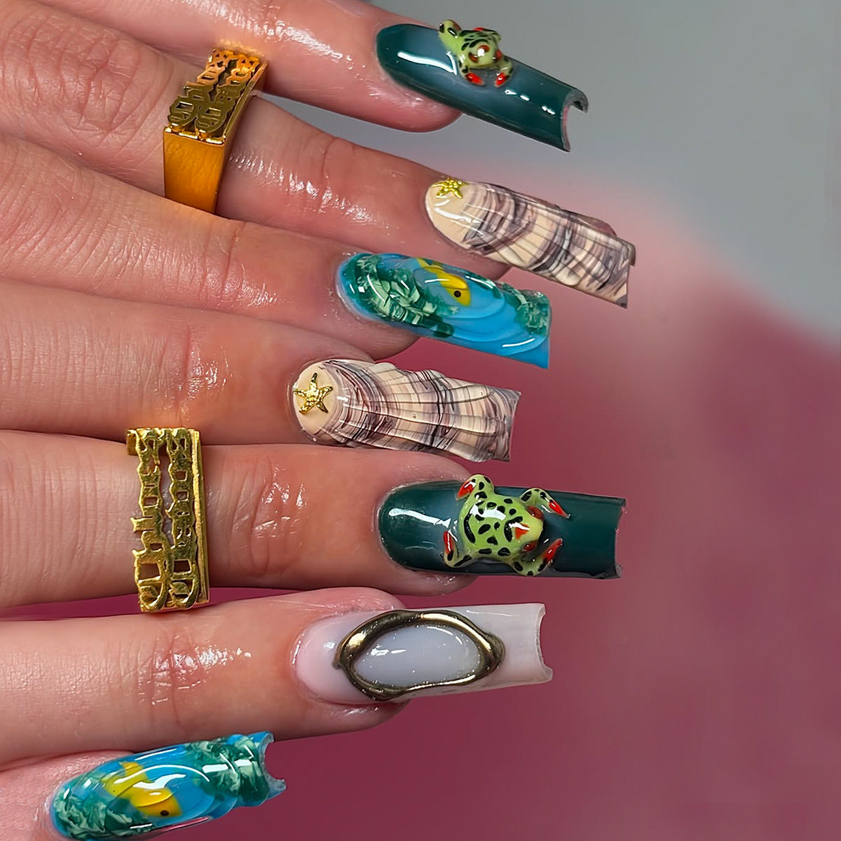 Whimsical Underwater Adventure Long Square Teal with Three Dimensional Frog Detail Press On Nail Set