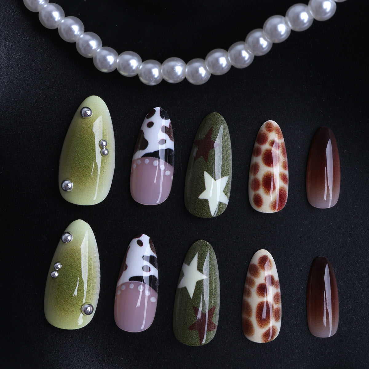 Safari Inspired Medium Almond Green and Brown Animal Print Nail Set with Rhinestone Accents