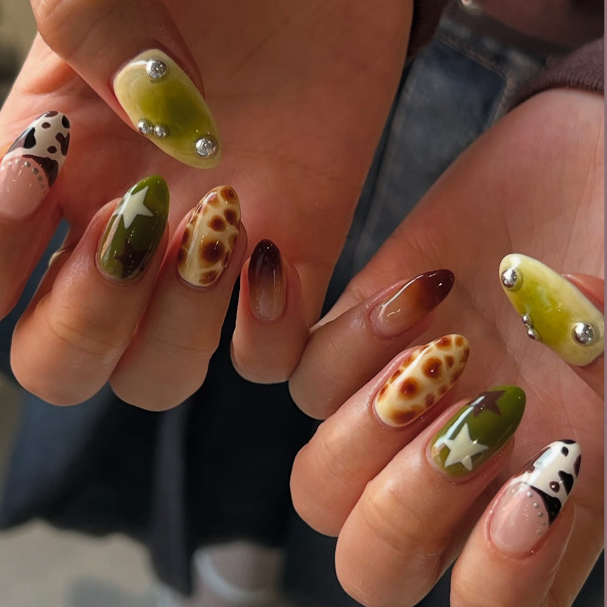 Wildlife Inspired Medium Almond Green and Brown Nail Set with Unique Embellishments