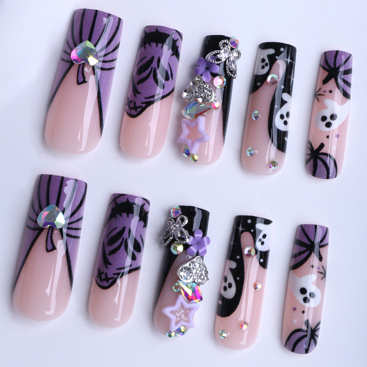 Spooky Glam Long Square Purple with Fun Character Accents Press on Nail Set