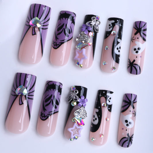 Spooky Glam Long Square Purple with Fun Character Accents Press on Nail Set