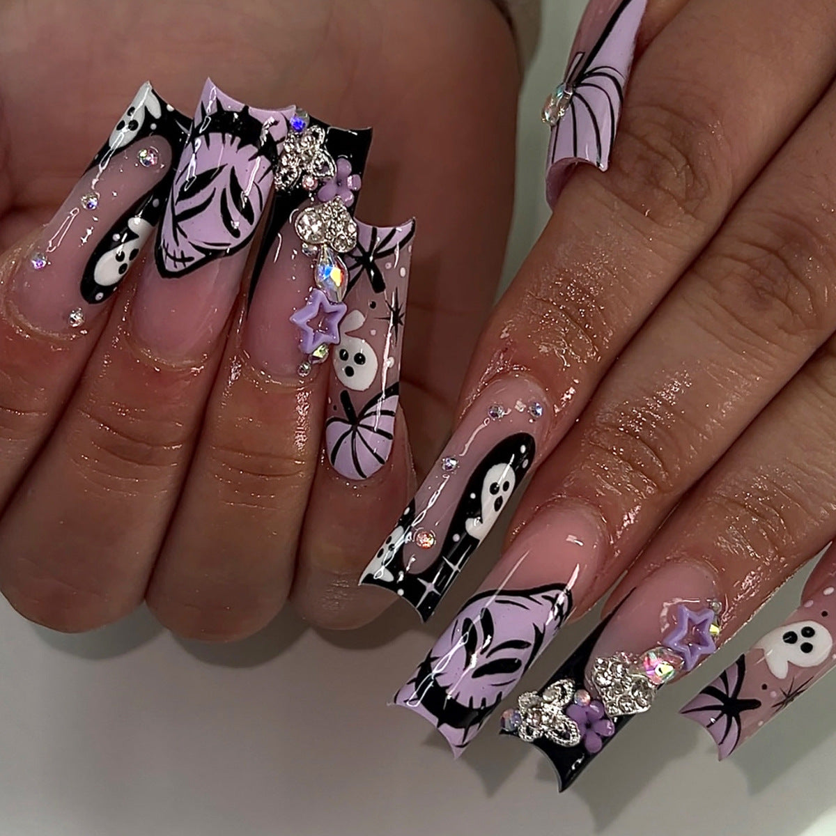 Spooky Elegance Long Square Purple with Glittering Accents Press On Nail Set