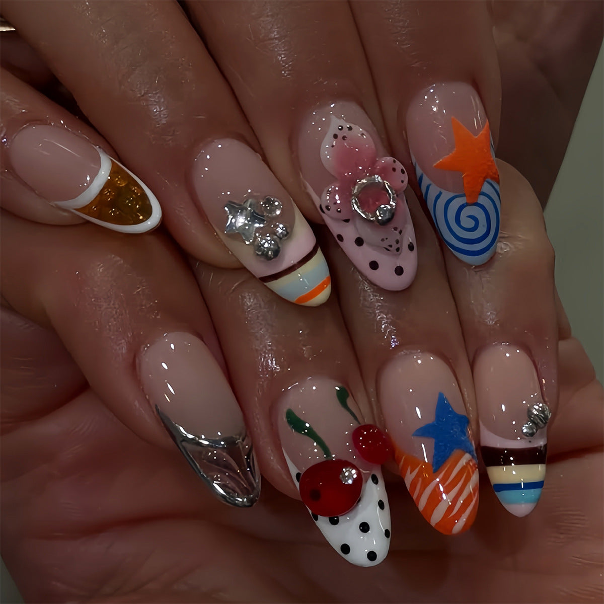 Vibrant Festive Medium Almond Transparent with Unique Decorative Accents Press on Nail Set