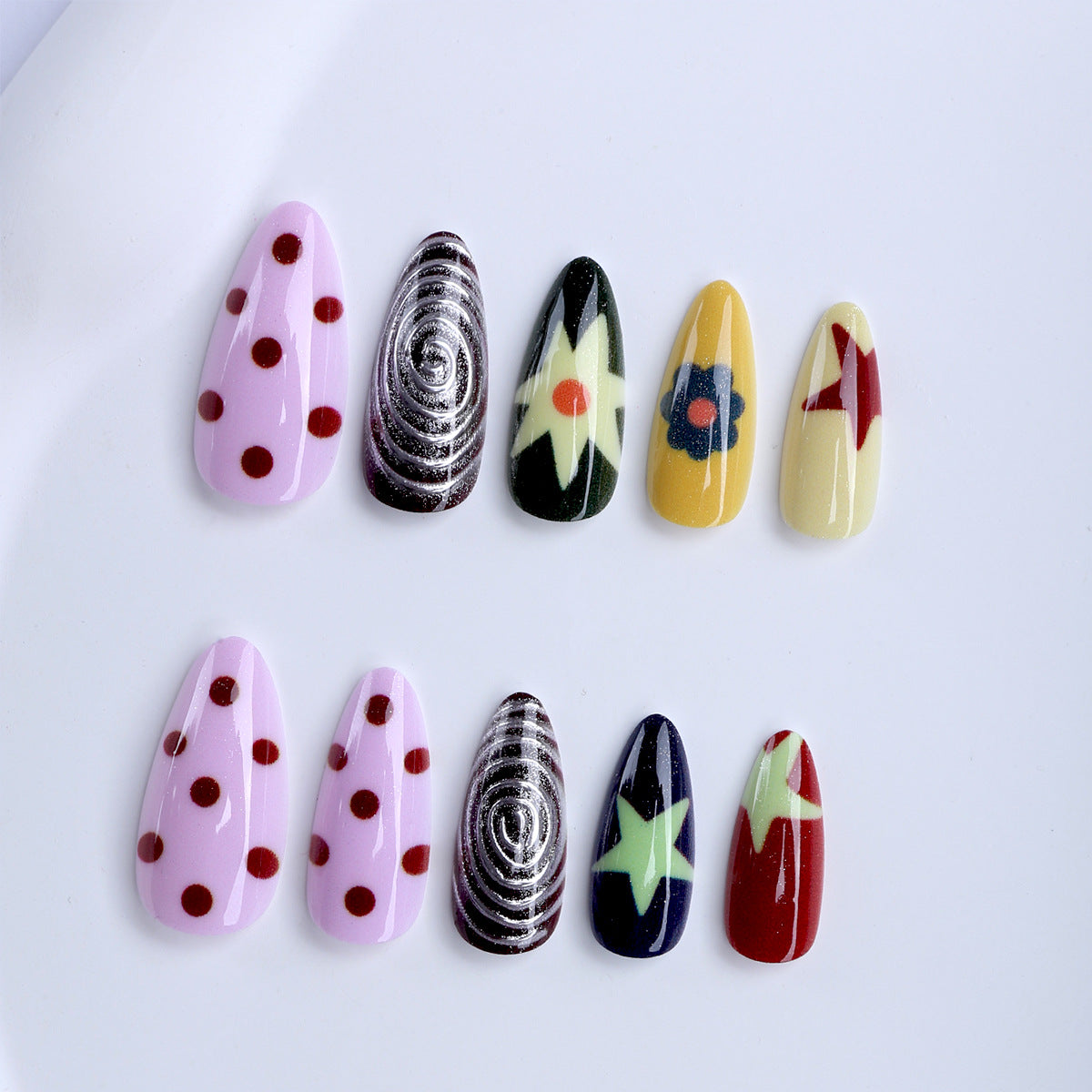 Whimsical Floral Short Almond Colorful Spiral Design Press On Nail Set