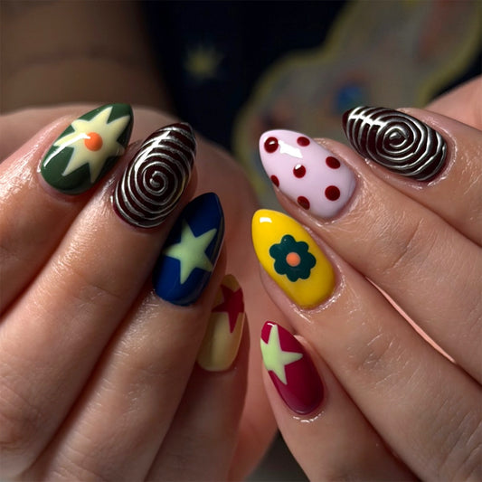 Whimsical Floral Fun Short Almond Multicolored Swirl Design Press on Nail Set