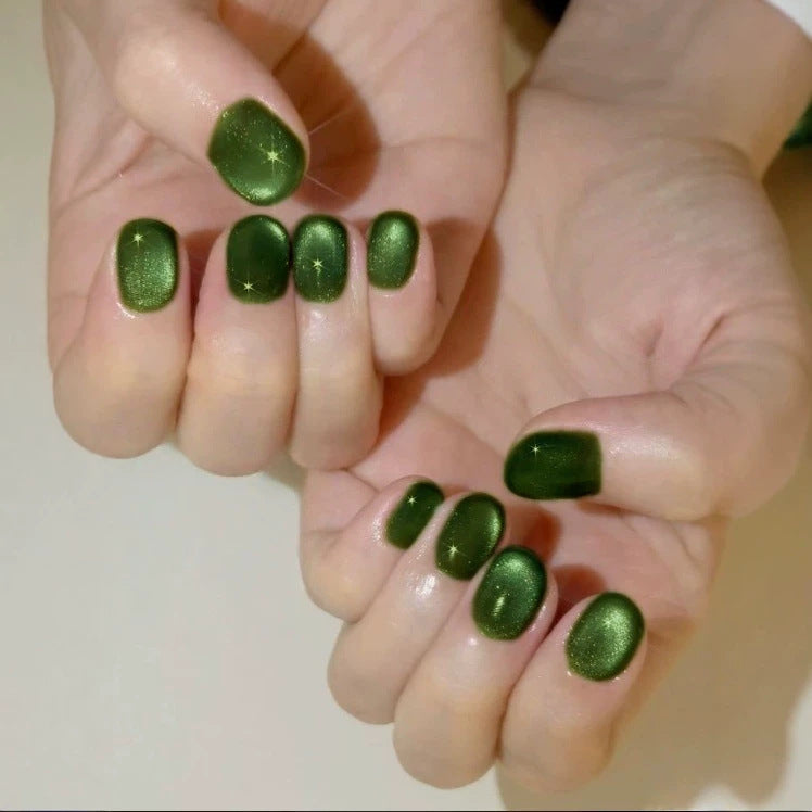 Enchanted Forest Short Round Green Shimmer Press On Nail Set