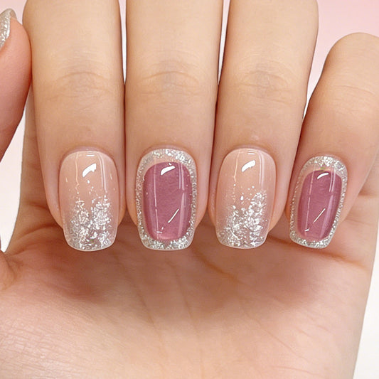 Glistening Elegance Short Square Pink and Clear Press On Nail Set with Glitter Accents