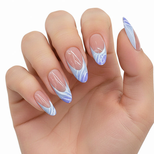 Mermaid Dreams Long Almond Shape Soft Blue Marble Effect Press On Nail Set