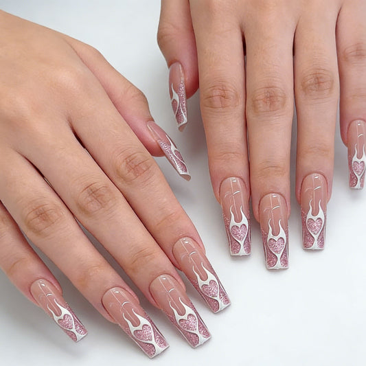 Whimsical Romance Long Square Gel Nail Set in Clear Pink with Heart and Flame Design