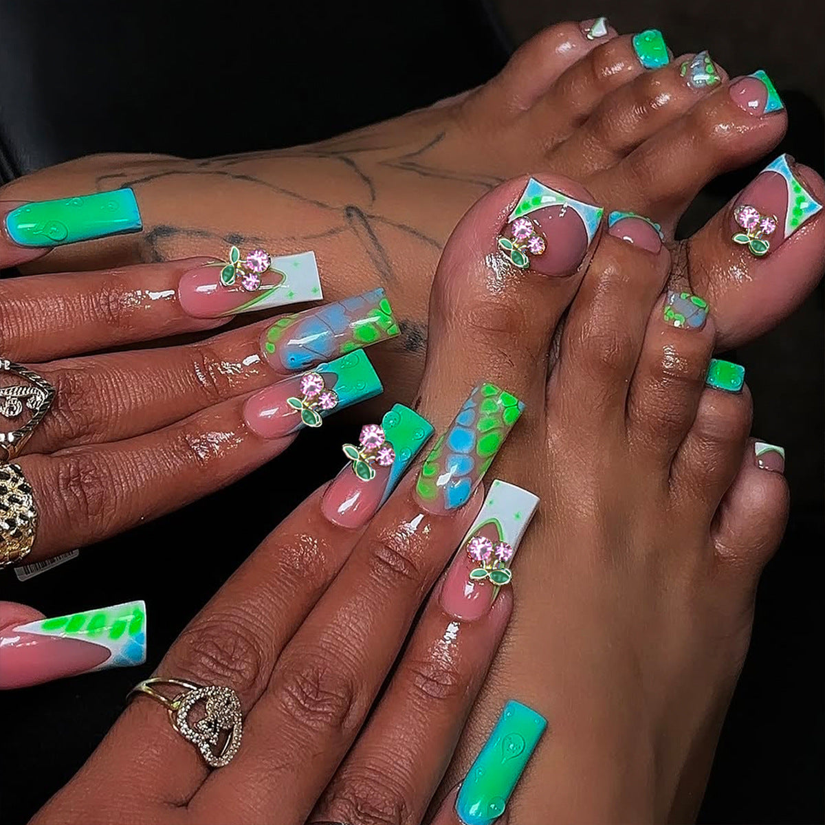 Tropical Vibes Short Square Green and Blue Press On Hand and Toenail Set with Floral Accents