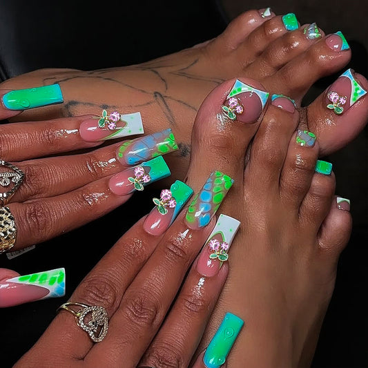 Tropical Vibes Short Square Green and Blue Press On Hand and Toenail Set with Floral Accents