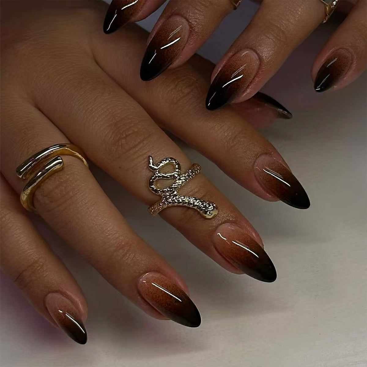 Glamorous Nightfall Medium Almond Ombre Black and Brown Nail Press Set