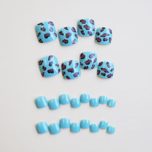 Wild Safari Blue Square Press-On Nail Set with Elegant Purple Leopard Spots