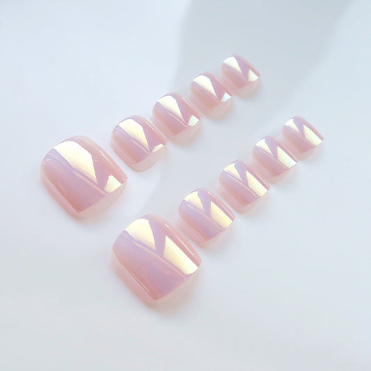 Blossom Elegance Short Square Soft Pink Iridescent Press On Toenail Set