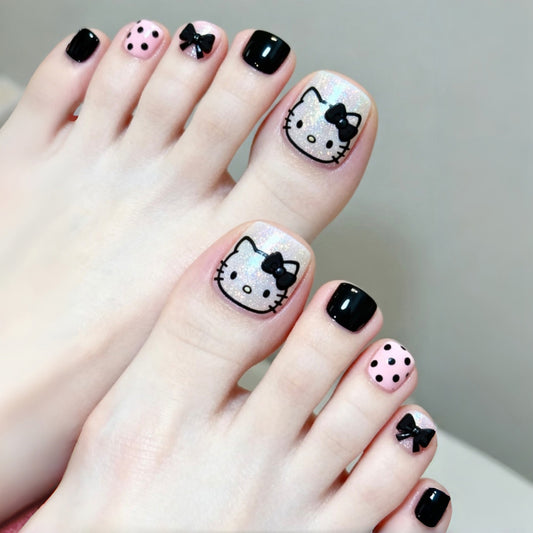 Charming Hello Kitty Inspired Short Square Pink and Black Toenail Press Set with Cute Bow Accents