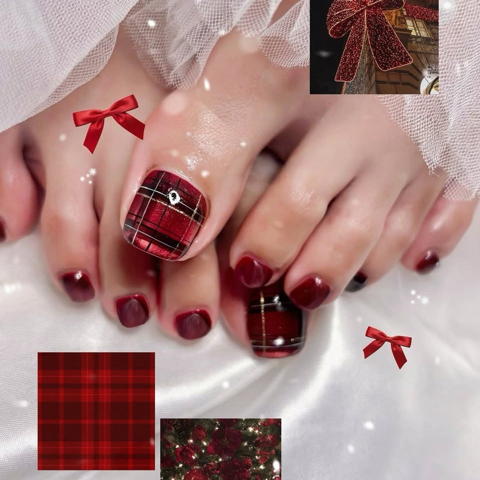 Festive Glamour Short Square Deep Red Toenail Set with Plaid Design