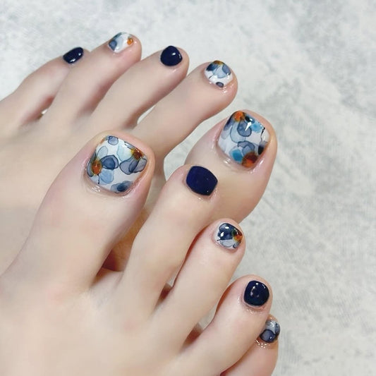 Floral Delight Short Square Navy Design Press on Toenail Set