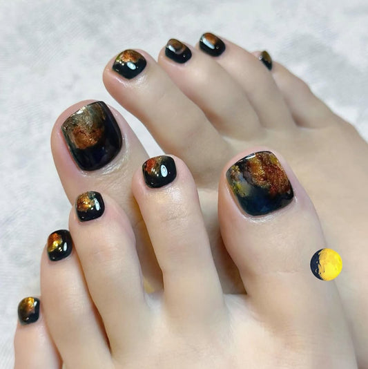 Celestial Elegance Short Square Black with Metallic Accents Press on Toenail Set