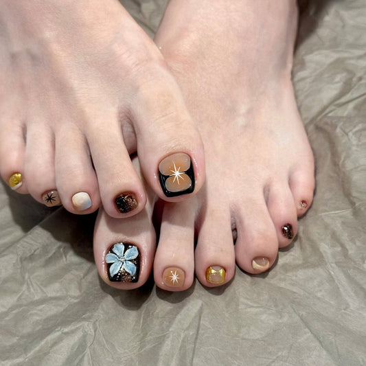 Celestial Chic Short Square Chocolate Brown Glitter Press-On Toenail Set
