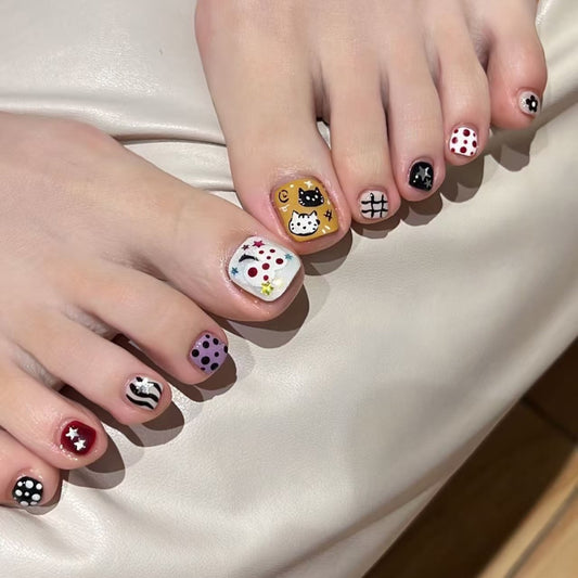 Whimsical Chic Short Square Multicolored Fun Toenail Press Set