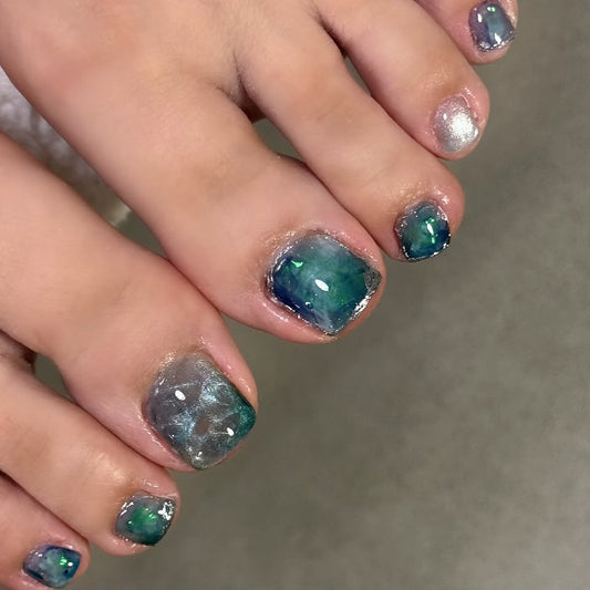 Ocean Breeze Short Square Teal and Glitter Press On Toenail Set