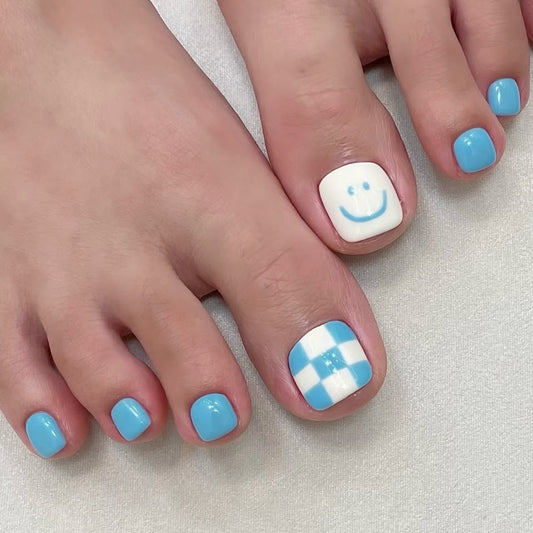 Bright Ocean Vibes Short Square Sky Blue with Cheerful Smiley Design Press On Toenail Set