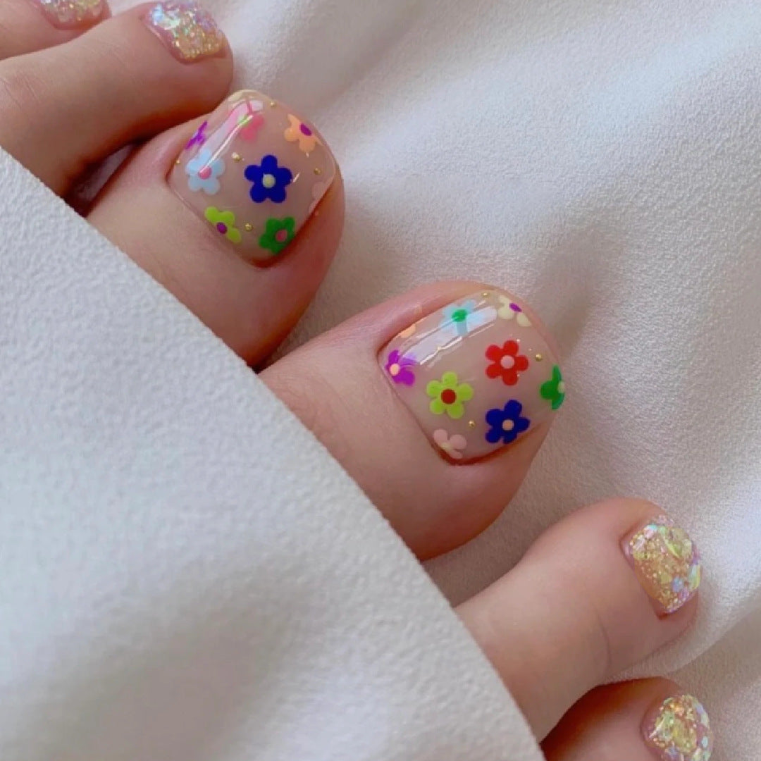 Whimsical Floral Short Square Pastel Press On Toenail Set