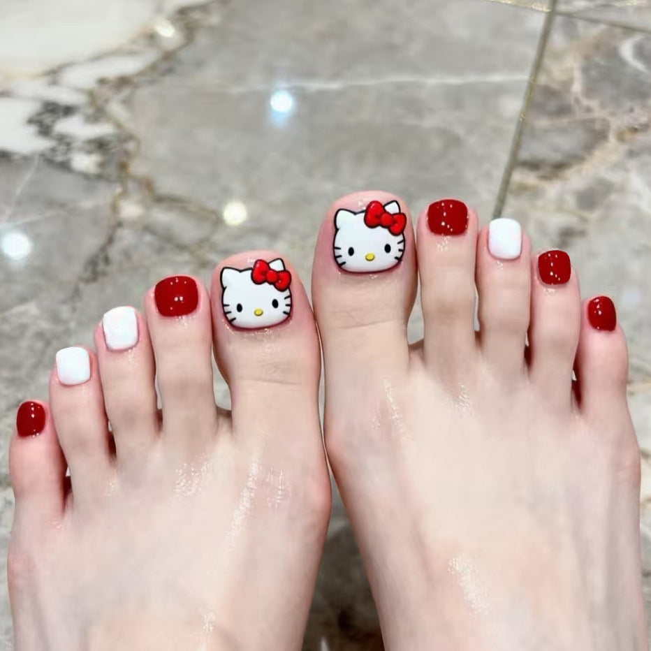 Hello Kitty Inspired Short Square Red and White Character Design Press on Toenail Set