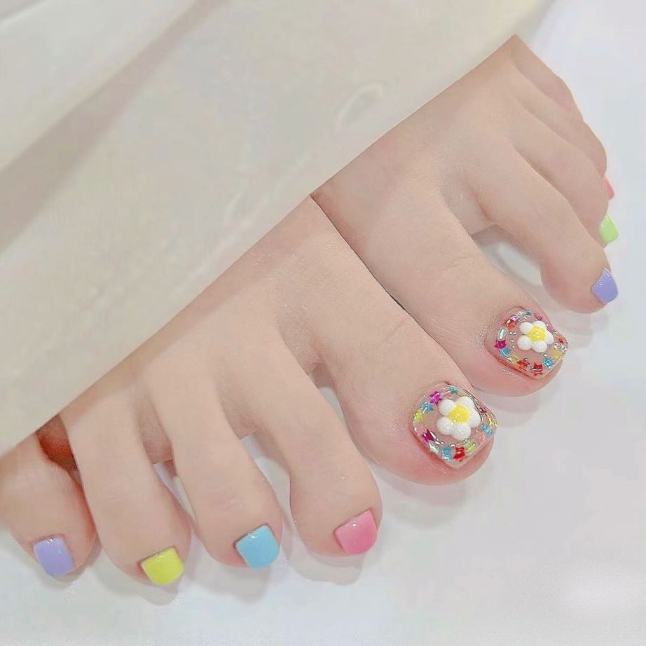 Whimsical Floral Short Square Pastel Press On Toenail Set