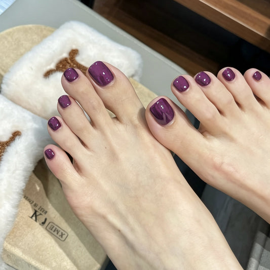 Elegant Evening Glamour Short Square Deep Purple Shimmer Press On Toenail Set