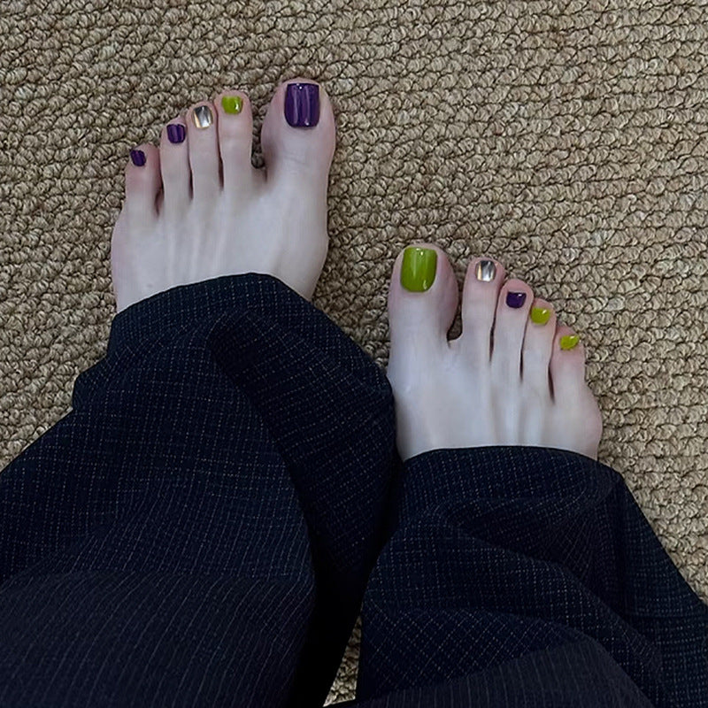 Vibrant Summer Vibes Short Square Green and Purple Shimmer Press On Toenail Set