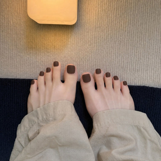 Cozy Cocoa Short Square Press-On Toenail Set with Matte Finish