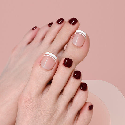 Chic Elegance Short Square Burgundy with Subtle French Tips Press On Toenail Set