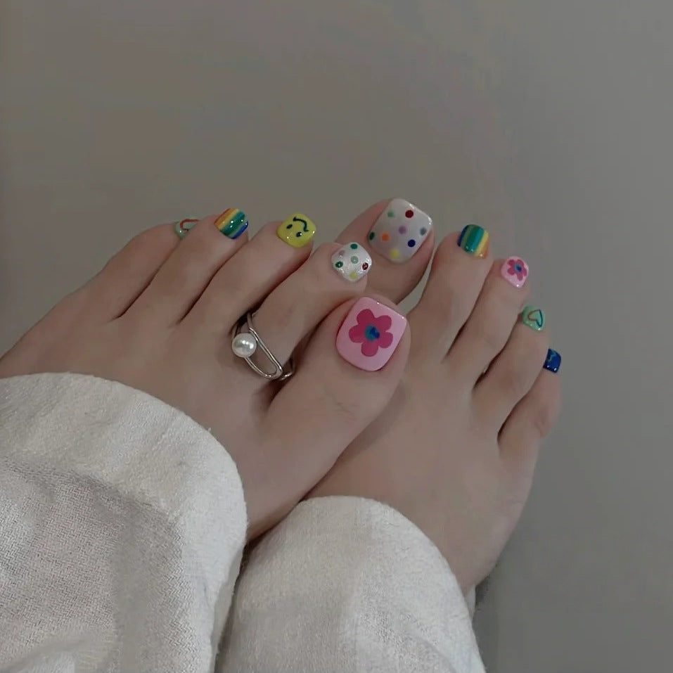Whimsical Floral Short Square Multicolor Toenail Set with Fun Designs