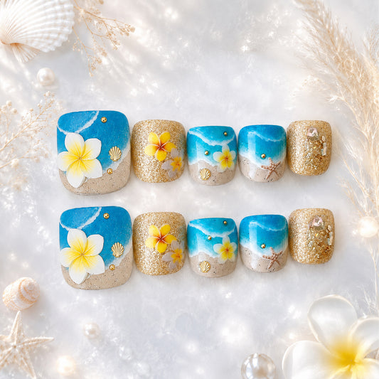 Tropical Paradise Short Square Blue and Gold Floral Press On Toenail Set with Shimmering Glitter