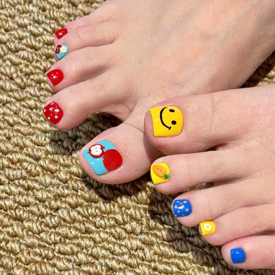 Cheerful Vibes Short Square Red and Colorful Patterns Press-On Toenail Set