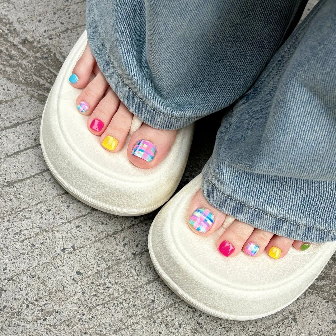 Vibrant Fiesta Short Square Multi-Colored Glitter Press On Toenail Set