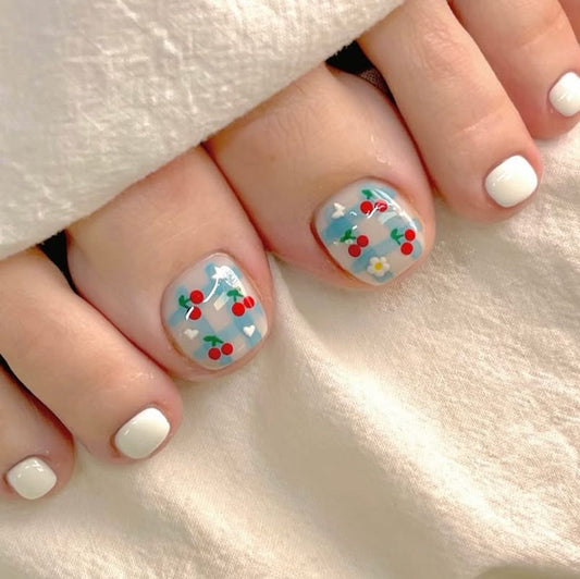 Cherry Blossom Medium Square White Gloss Finish Press On Toenail Set