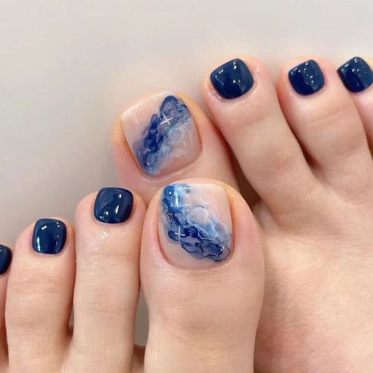 Ocean Melody Short Square Deep Blue with Unique Watercolor Design Press On Toenail Set