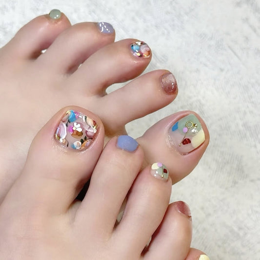 Whimsical Short Square Multicolor Glitter Press On Toenail Set