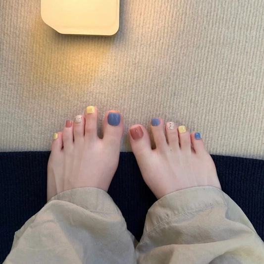 Bohemian Dream Short Square Multicolor Toenail Set with Unique Artistic Designs