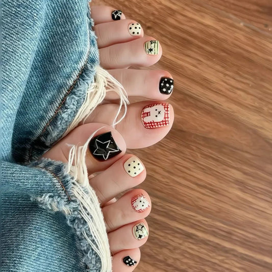 Whimsical Starry Night Medium Square Black and Cream Characters Press on Toenail Set