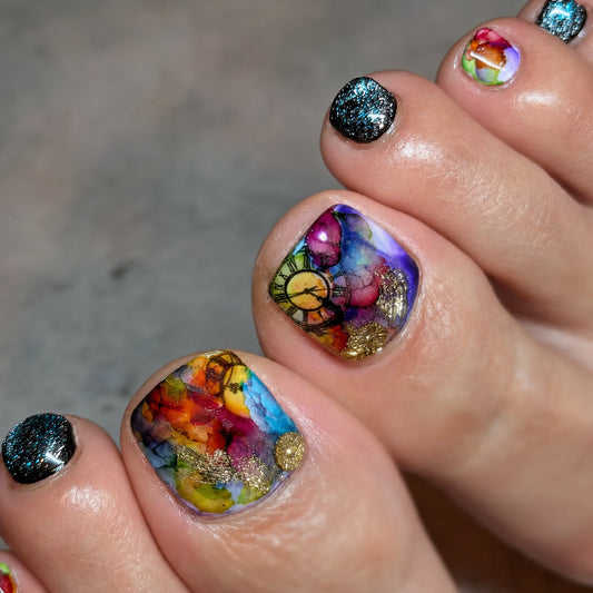 Bohemian Artistic Short Square Colorful Watercolor Design Press On Toenail Set