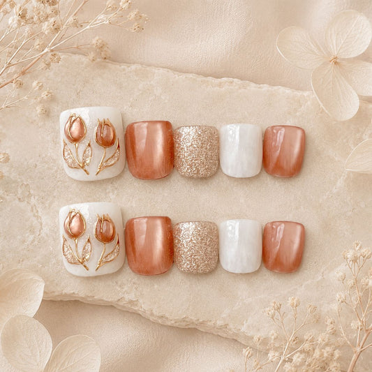 Elegance in Blossom Medium Square Rose Gold Shimmer Floral Press On Toenail Set