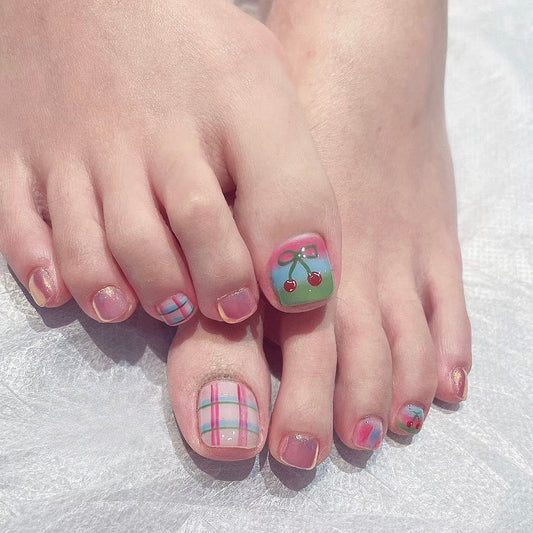 Cherry Blossom Delight Short Square Green Glam Press-On Toenail Set