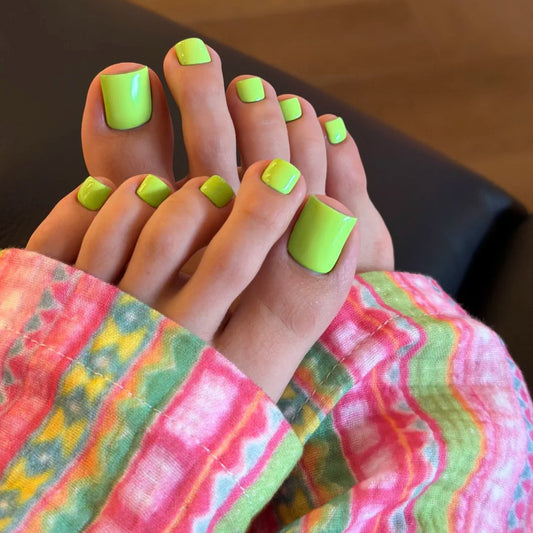 Neon Fresh Short Square Green Glossy Press On Toenail Set