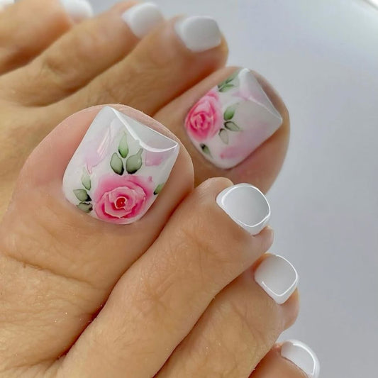 Floral Elegance Short Square White with Pink Floral Design Press-On Toenail Set