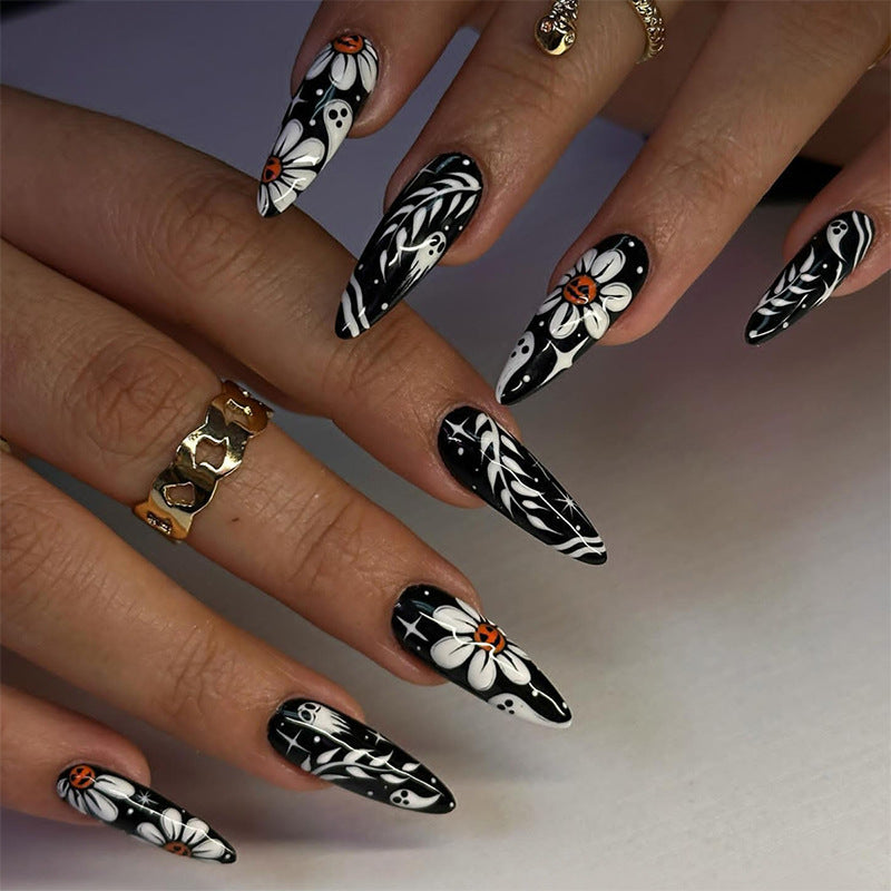 Enchanted Night Medium Almond Black and White Floral Design Press On Nail Set