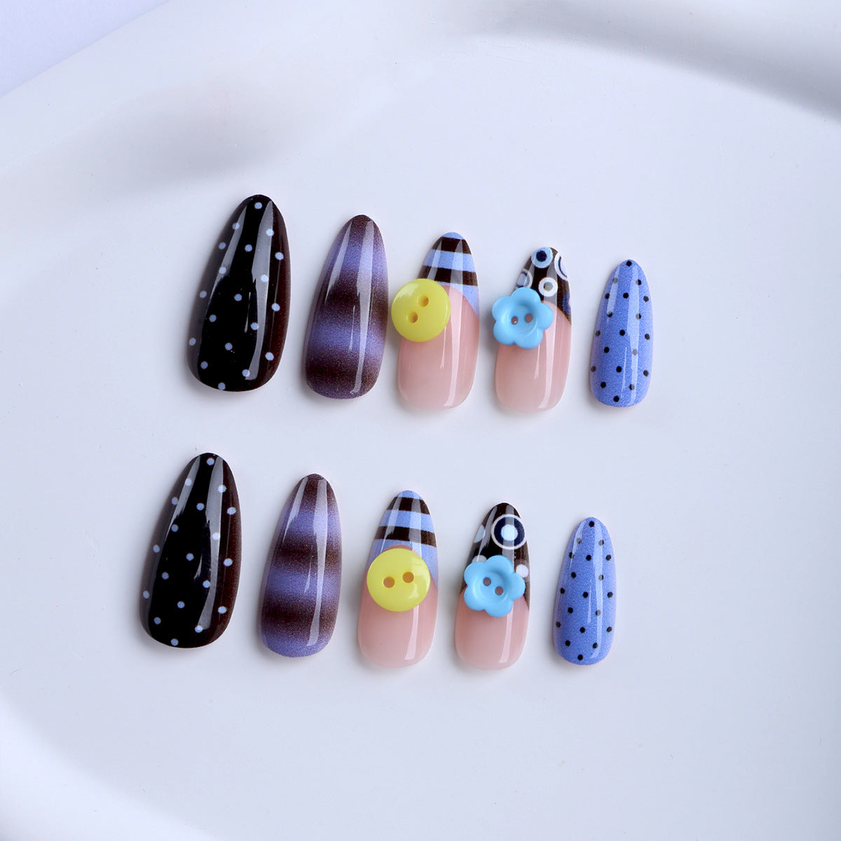 Whimsical Garden Medium Almond Blue Polka Dot and Floral Press On Nail Set